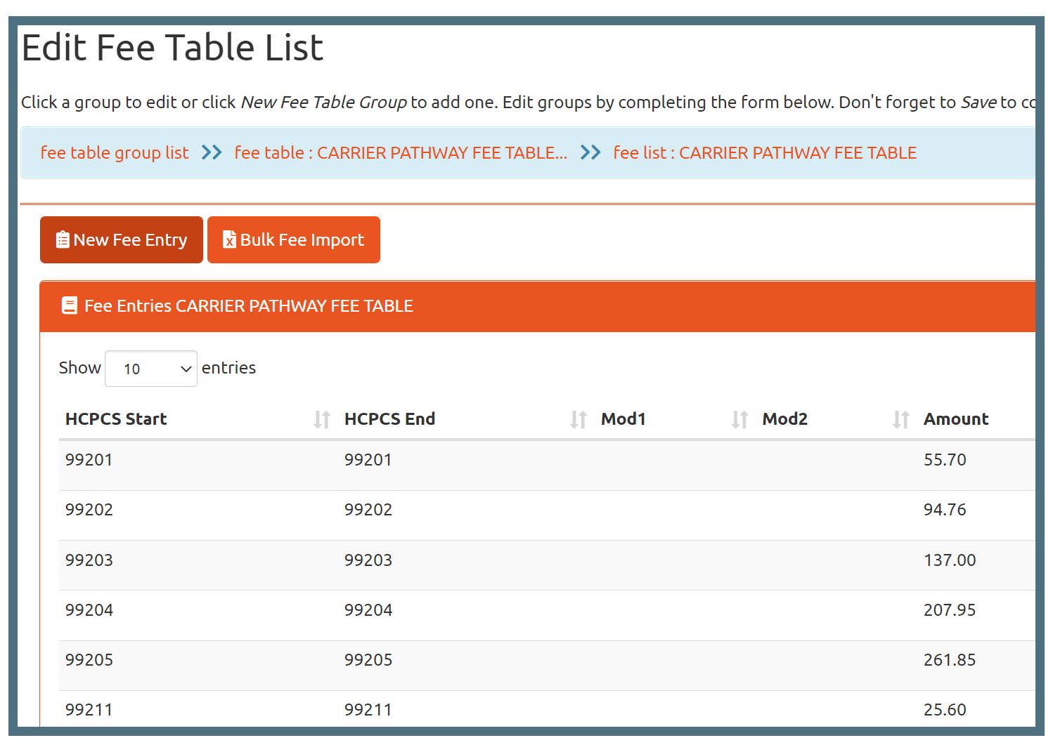 Contract management screen