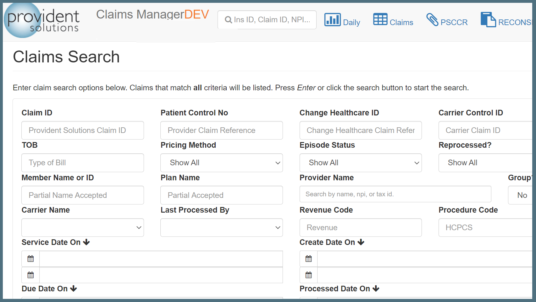 EOP and 835 retrieval screen